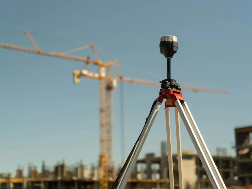 a tripod with a camera attached to it in front of a construction site